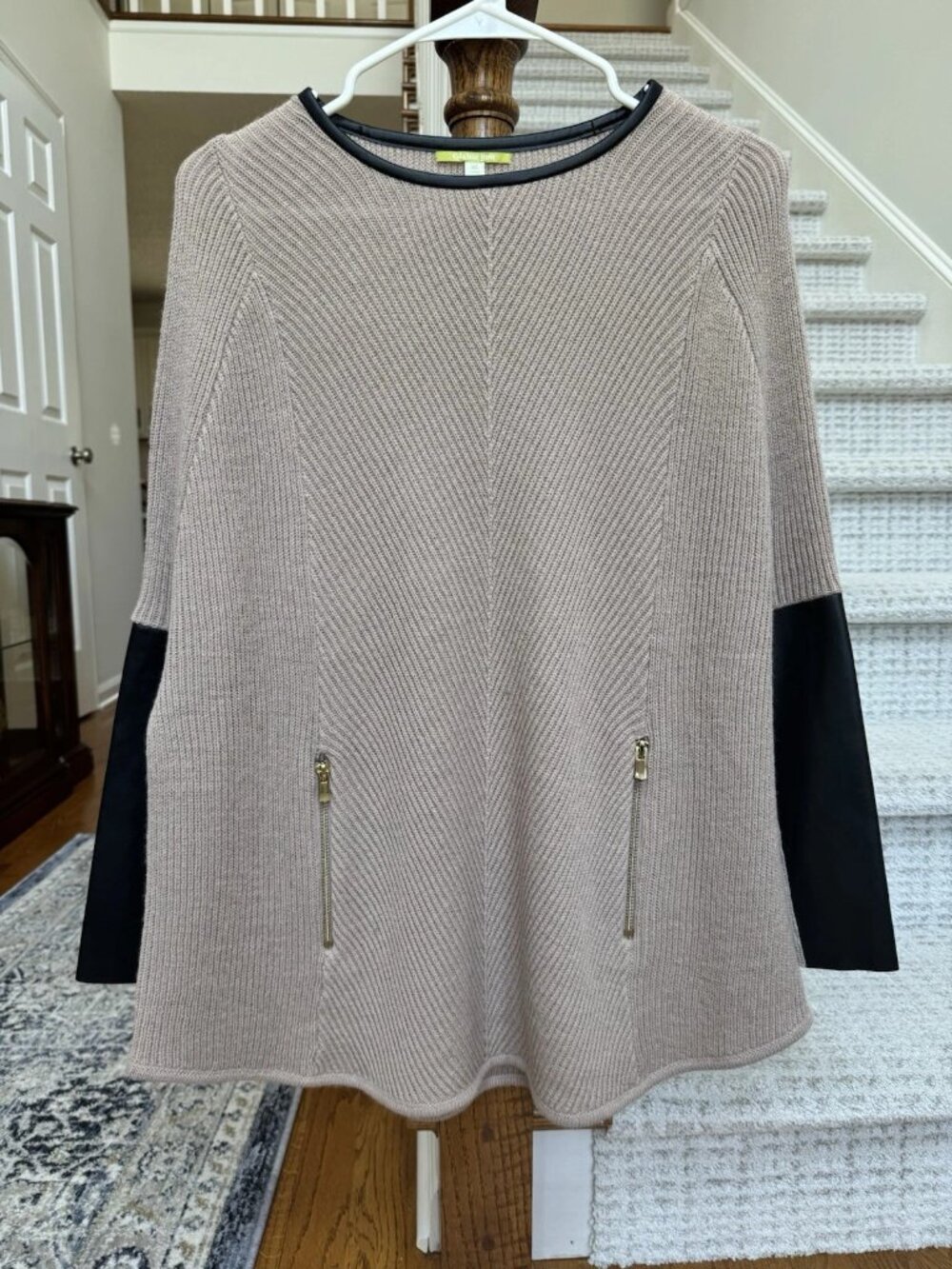 GIANNI BINI Tan Ribbed Tunic Pancho Sweater With Faux Leather Accents- X-Small